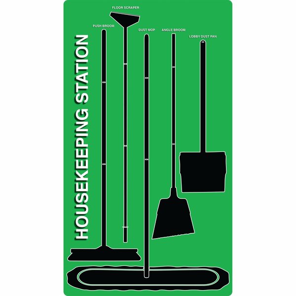 5S Supplies 5S Housekeeping Shadow Board Broom Station Version 9 - Green Board / Black Shadows  With Broom HSB-V9-GREEN-KIT